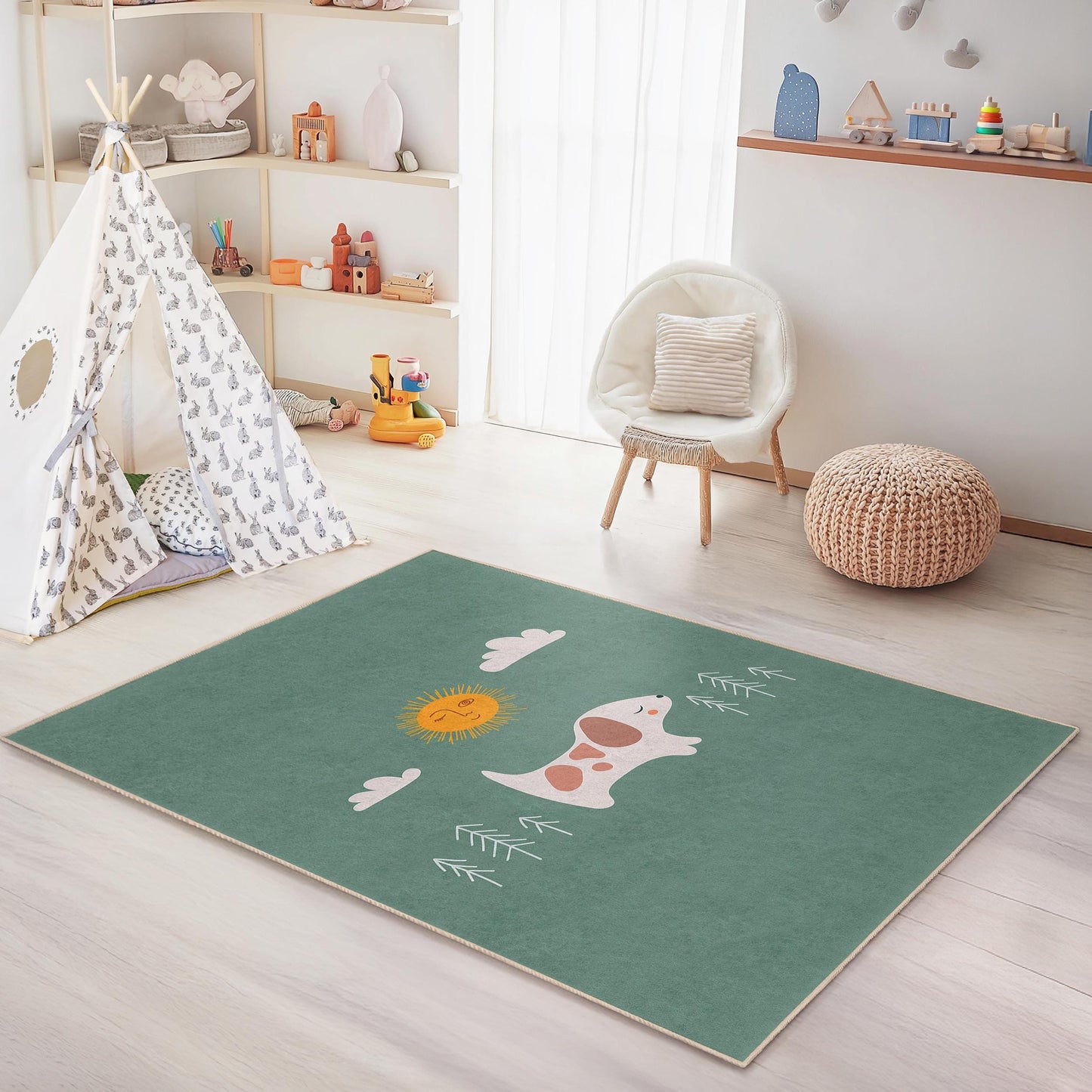 Cute Dog and Sun Rectangular Kids Rug, Playful Pet Design Rug for Children's Room, Nursery and Playroom Decor