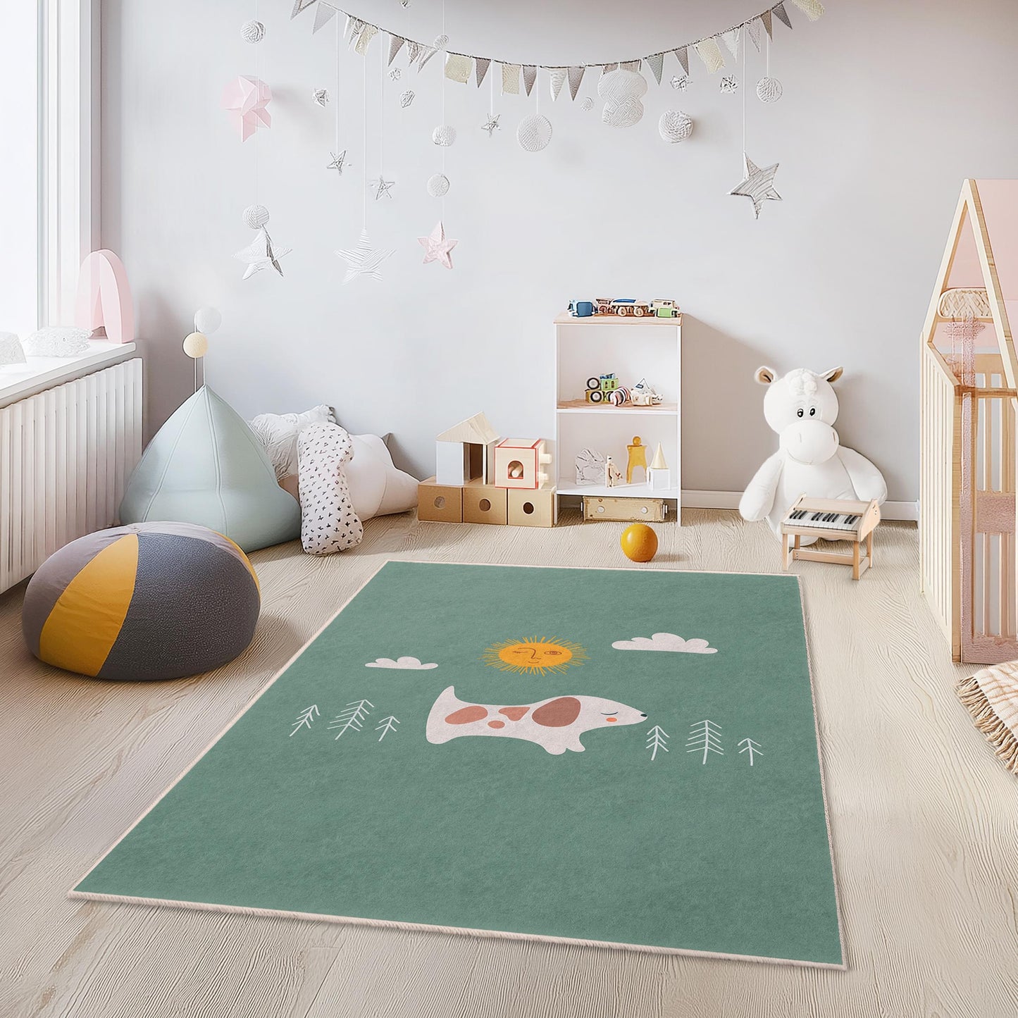 Cute Dog and Sun Rectangular Kids Rug, Playful Pet Design Rug for Children's Room, Nursery and Playroom Decor