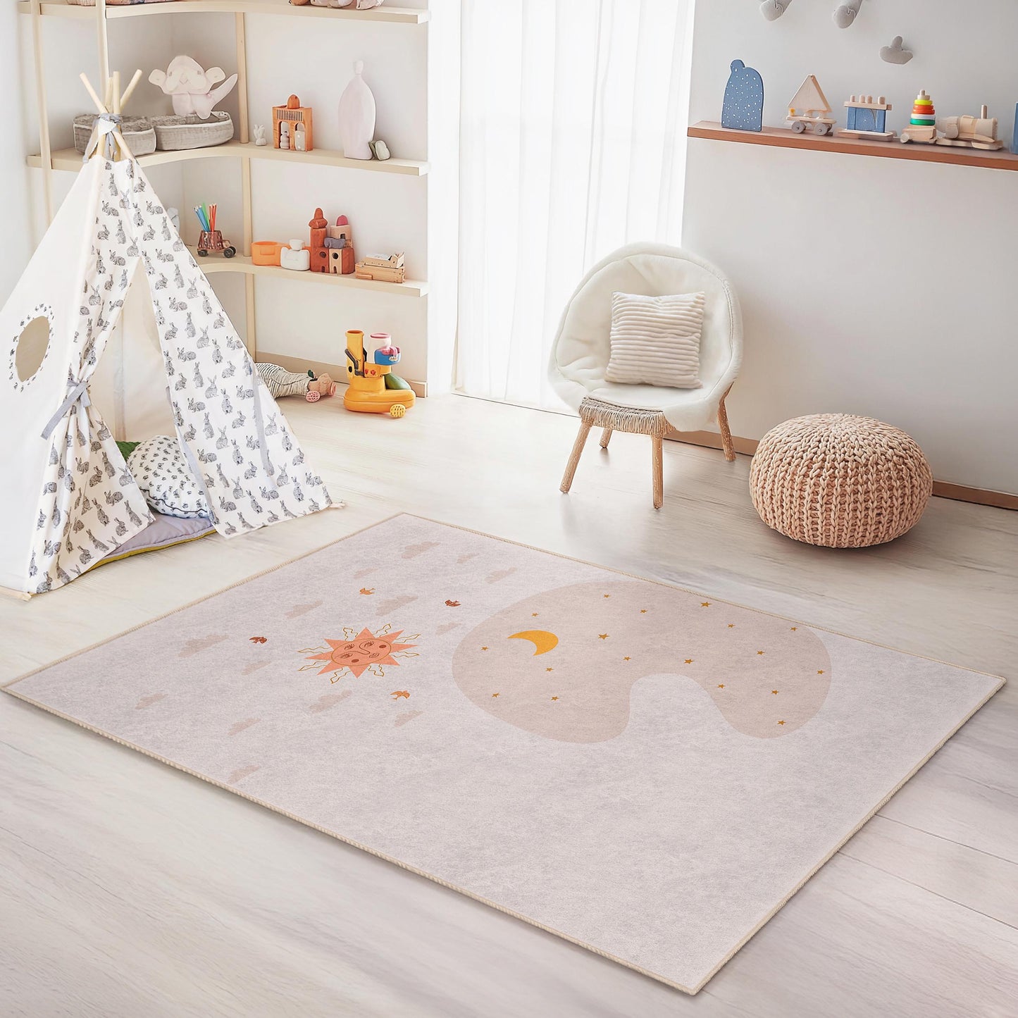 Sun and Moon Themed Kids Room Rug, Rectangle Play Rug for Children, Soft Nursery Carpet, Baby Room Decor, Cute Childrens Rug