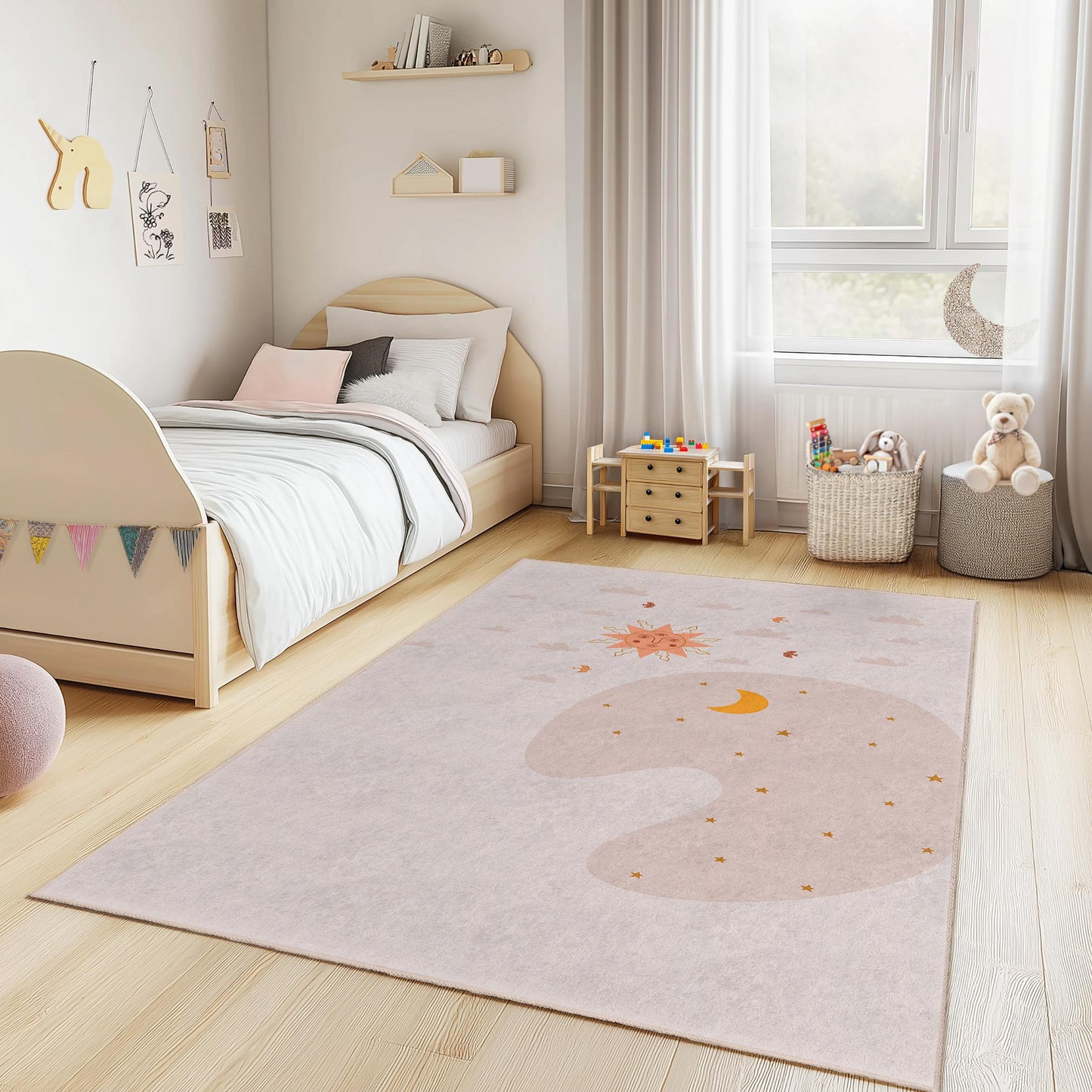 Sun and Moon Themed Kids Room Rug, Rectangle Play Rug for Children, Soft Nursery Carpet, Baby Room Decor, Cute Childrens Rug