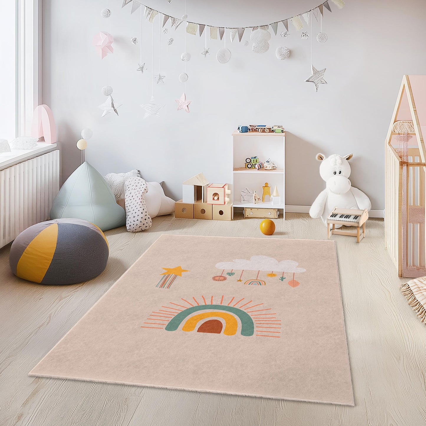 Rainbow Cloud Themed Kids Room Rug, Rectangular Play Mat, Soft Nursery Carpet, Colorful Childrens Area Rug, Baby Room Decor