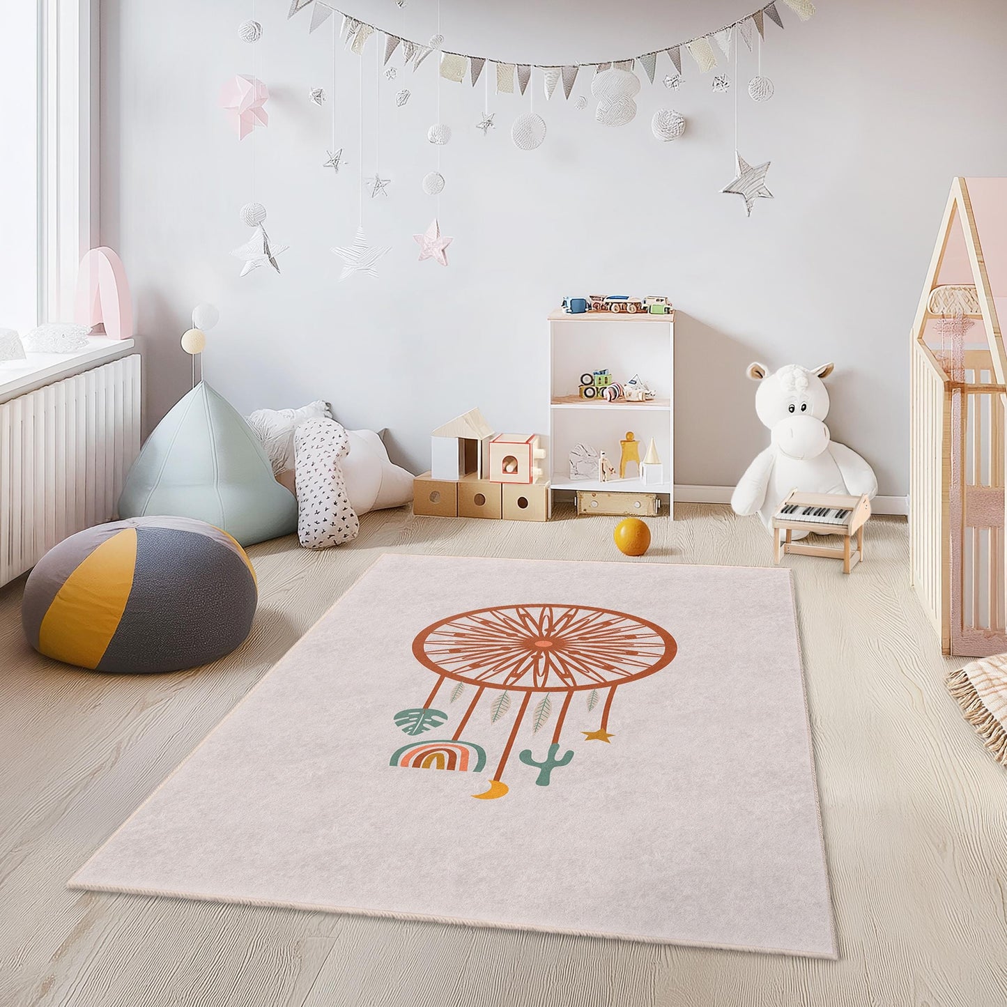 Dreamcatcher Pattern Rectangle Kids Rug, Boho Style Playroom Carpet, Nursery Decor, Unique Children's Room Rug