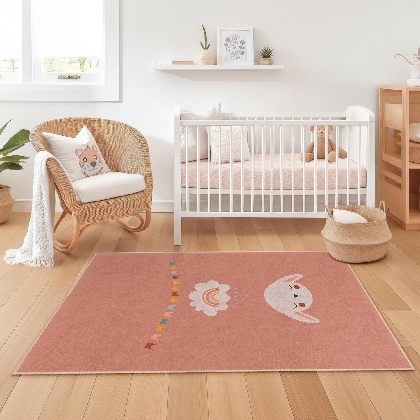 Bunny Rainbow Kids Rug: Soft Nursery Playroom Carpet