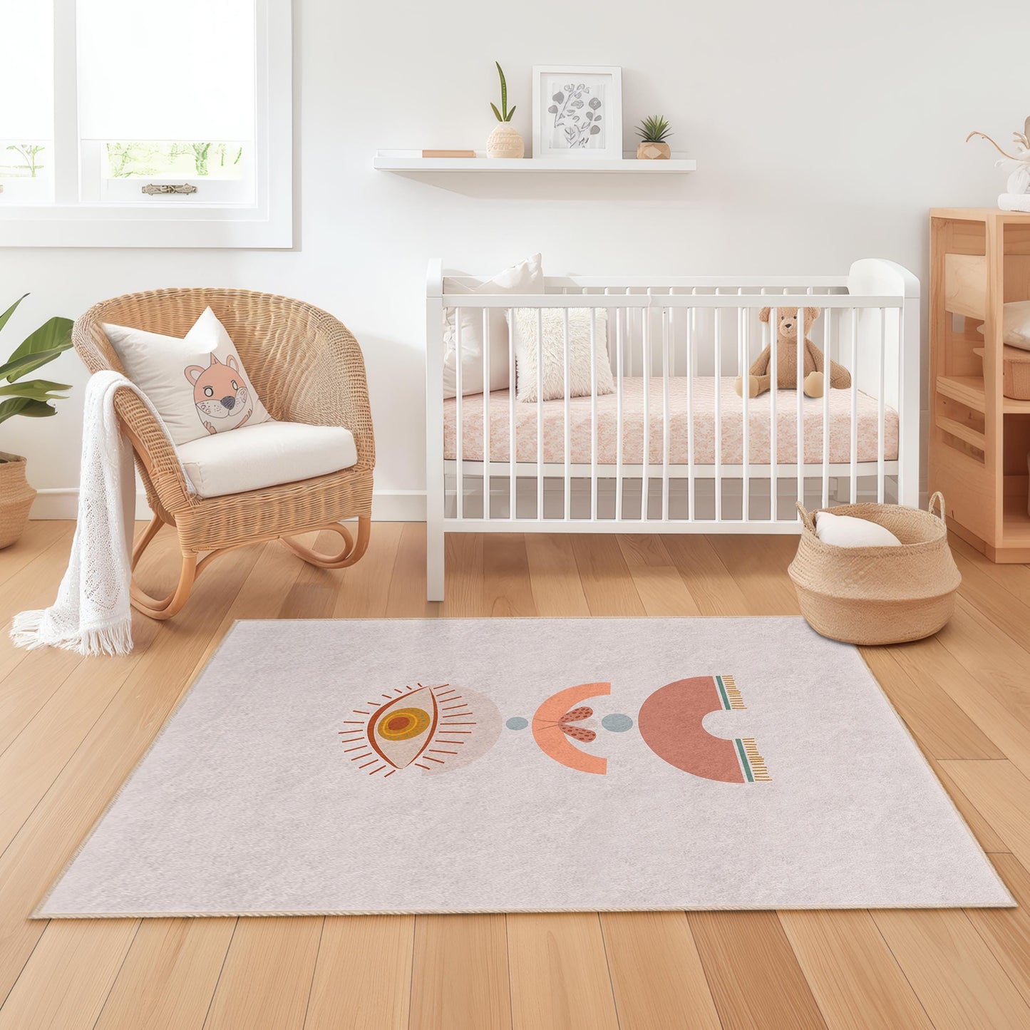 Geometric Eye Design Rectangular Kids Rug, Modern Nursery Carpet, Playroom Decor, Soft Childrens Rug, Trendy Nursery Mat
