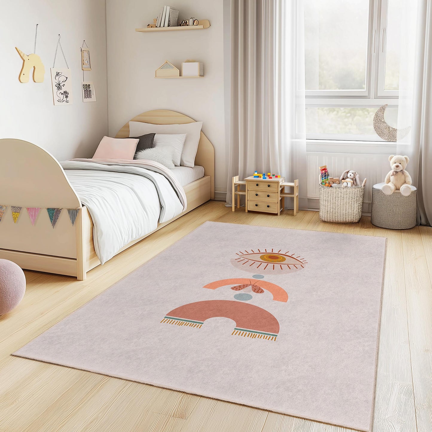 Geometric Eye Design Rectangular Kids Rug, Modern Nursery Carpet, Playroom Decor, Soft Childrens Rug, Trendy Nursery Mat
