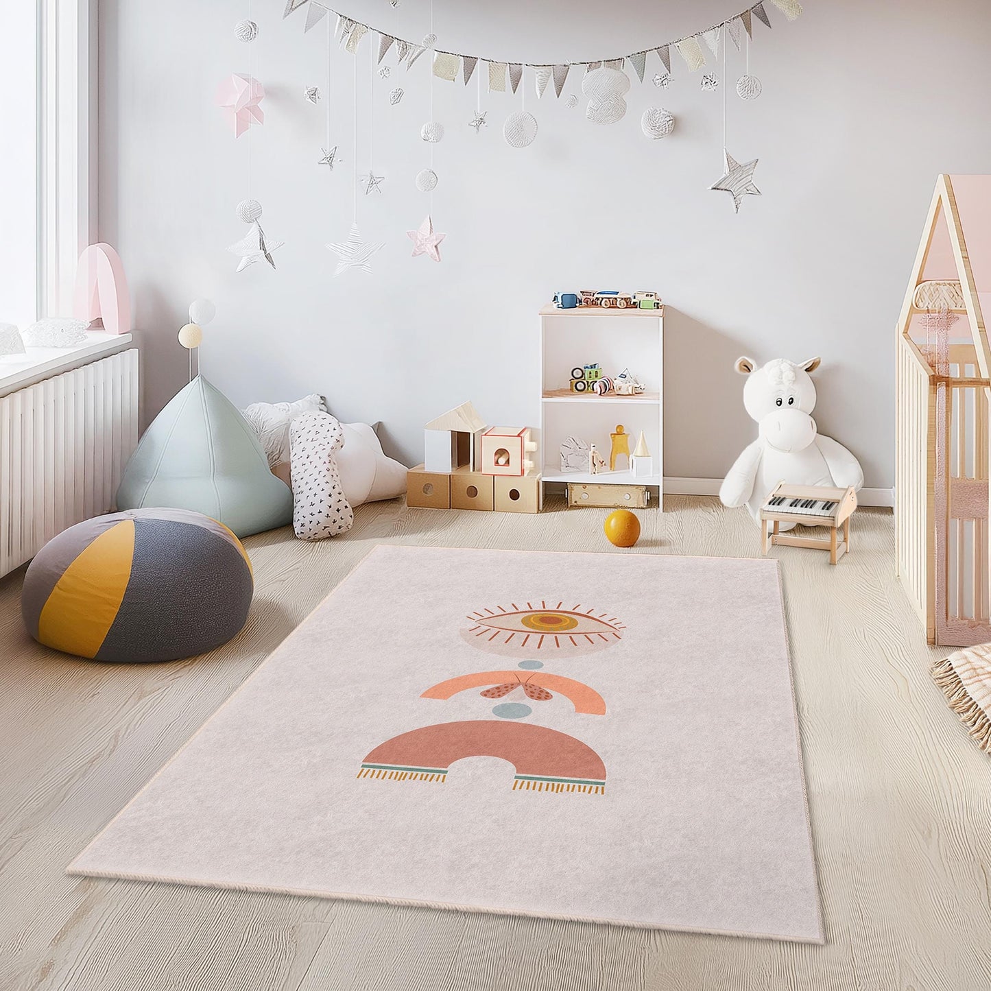 Geometric Eye Design Rectangular Kids Rug, Modern Nursery Carpet, Playroom Decor, Soft Childrens Rug, Trendy Nursery Mat