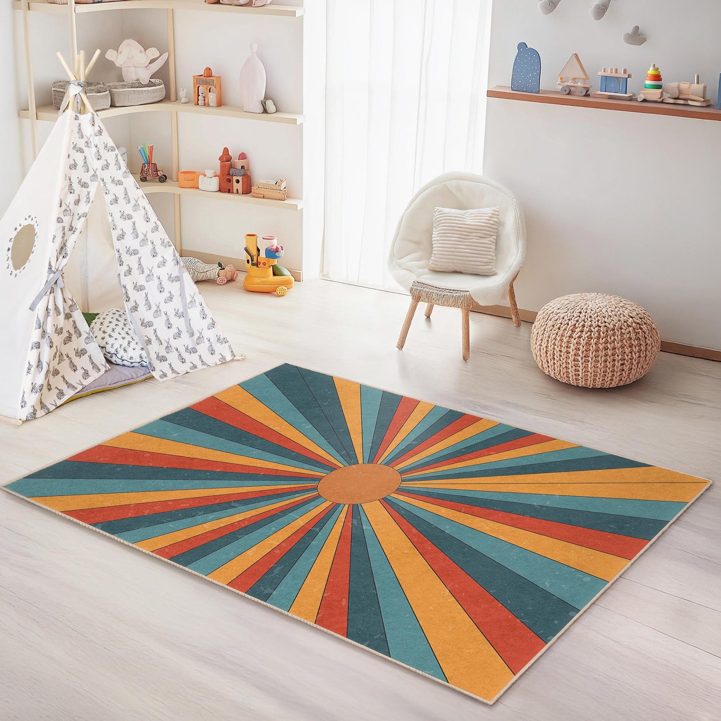 Colorful Retro Rays Kids Rectangle Rug, Sunburst Design Carpet, Playroom Decor, Child's Bedroom Rug, Soft and Cozy Area Rug