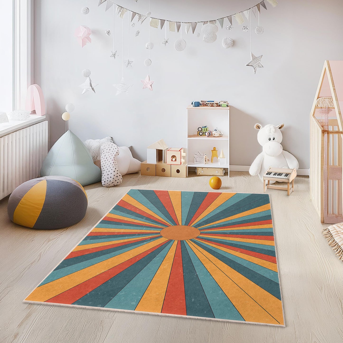 Colorful Retro Rays Kids Rectangle Rug, Sunburst Design Carpet, Playroom Decor, Child's Bedroom Rug, Soft and Cozy Area Rug