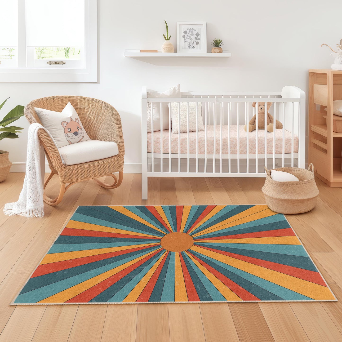 Colorful Retro Rays Kids Rectangle Rug, Sunburst Design Carpet, Playroom Decor, Child's Bedroom Rug, Soft and Cozy Area Rug