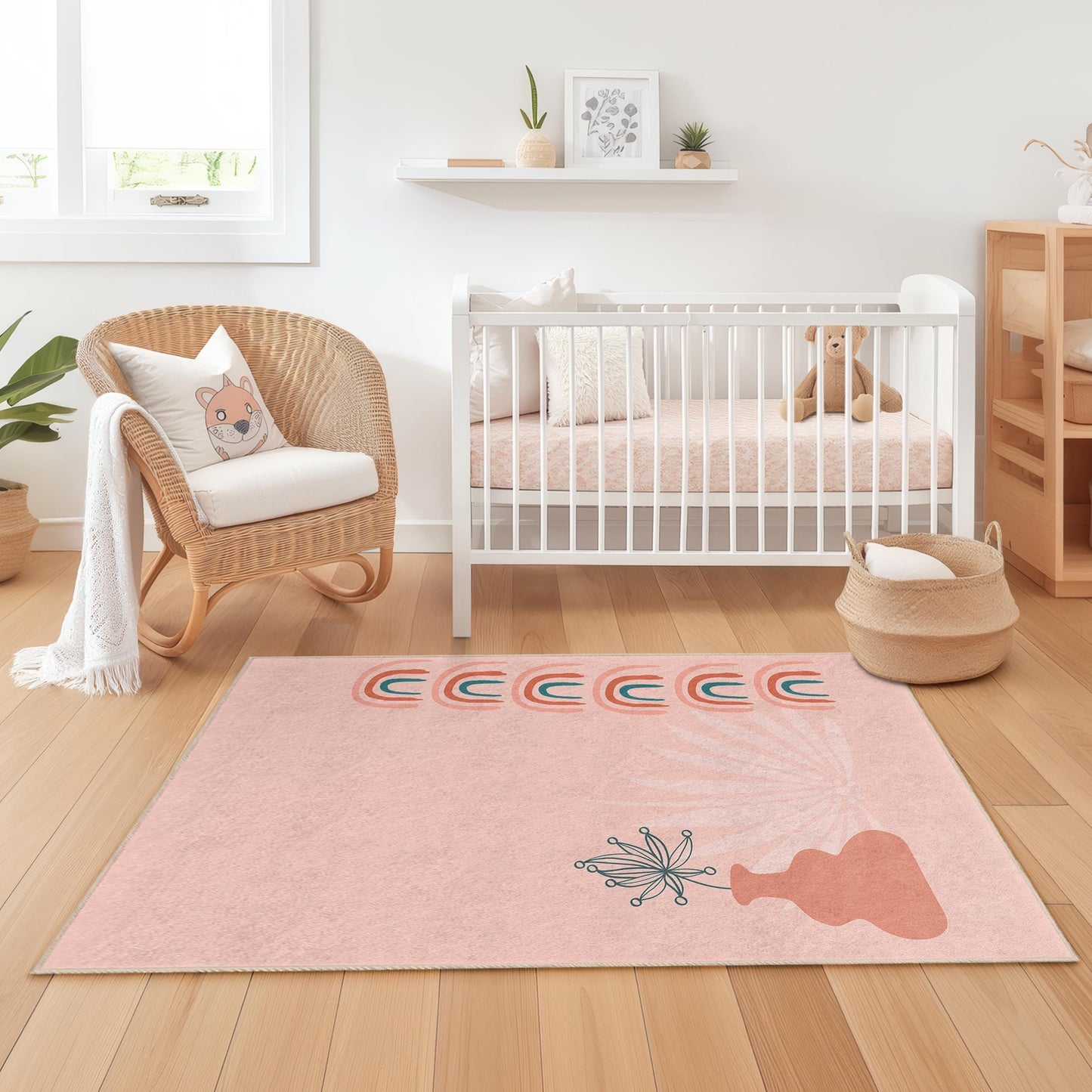 Pastel Rainbow and Flower Patterned Kids Rectangular Rug, Soft Nursery Carpet, Playroom Decor, Modern Kids Room Rug, Colorful Area Rug