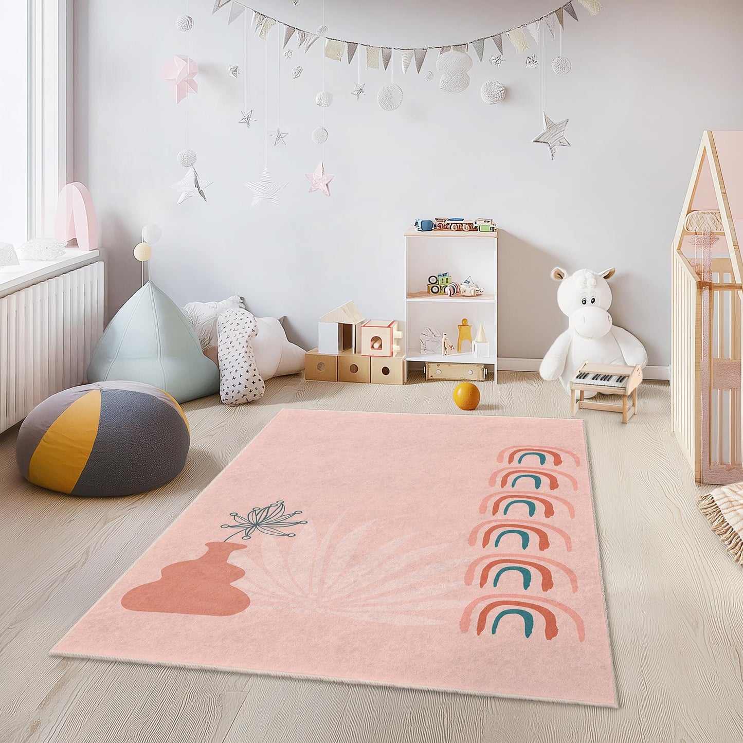 Pastel Rainbow and Flower Patterned Kids Rectangular Rug, Soft Nursery Carpet, Playroom Decor, Modern Kids Room Rug, Colorful Area Rug