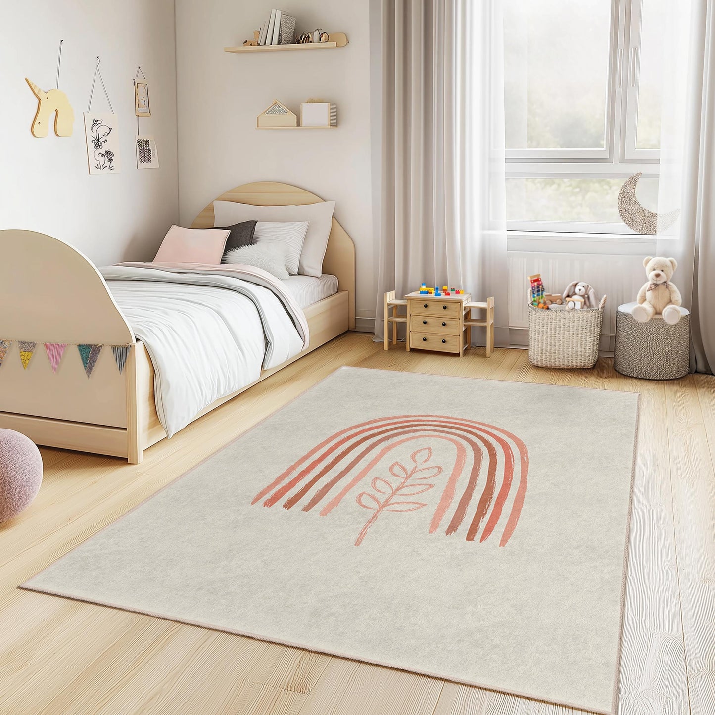 Rainbow and Leaf Pattern Rectangular Kids Rug, Nursery Decor, Soft and Cozy Playroom Carpet, Children's Room Rug, Playmat for Kids