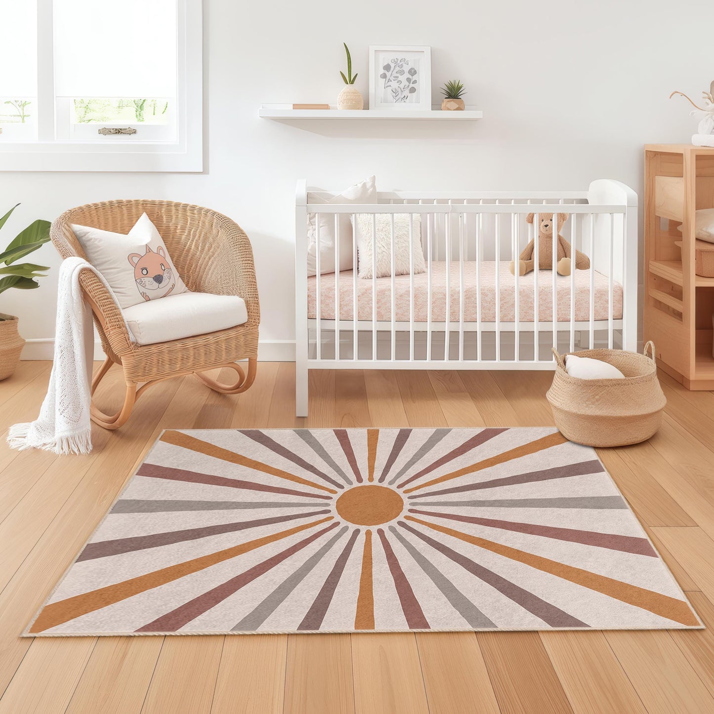 Retro Sunburst Pattern Kids Rectangular Rug, Colorful Nursery Carpet, Modern Playroom Decor, Soft Children's Room Area Mat, Kids Room Rug