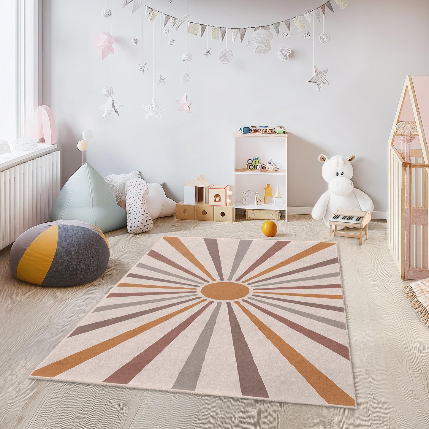 Retro Sunburst Pattern Kids Rectangular Rug, Colorful Nursery Carpet, Modern Playroom Decor, Soft Children's Room Area Mat, Kids Room Rug