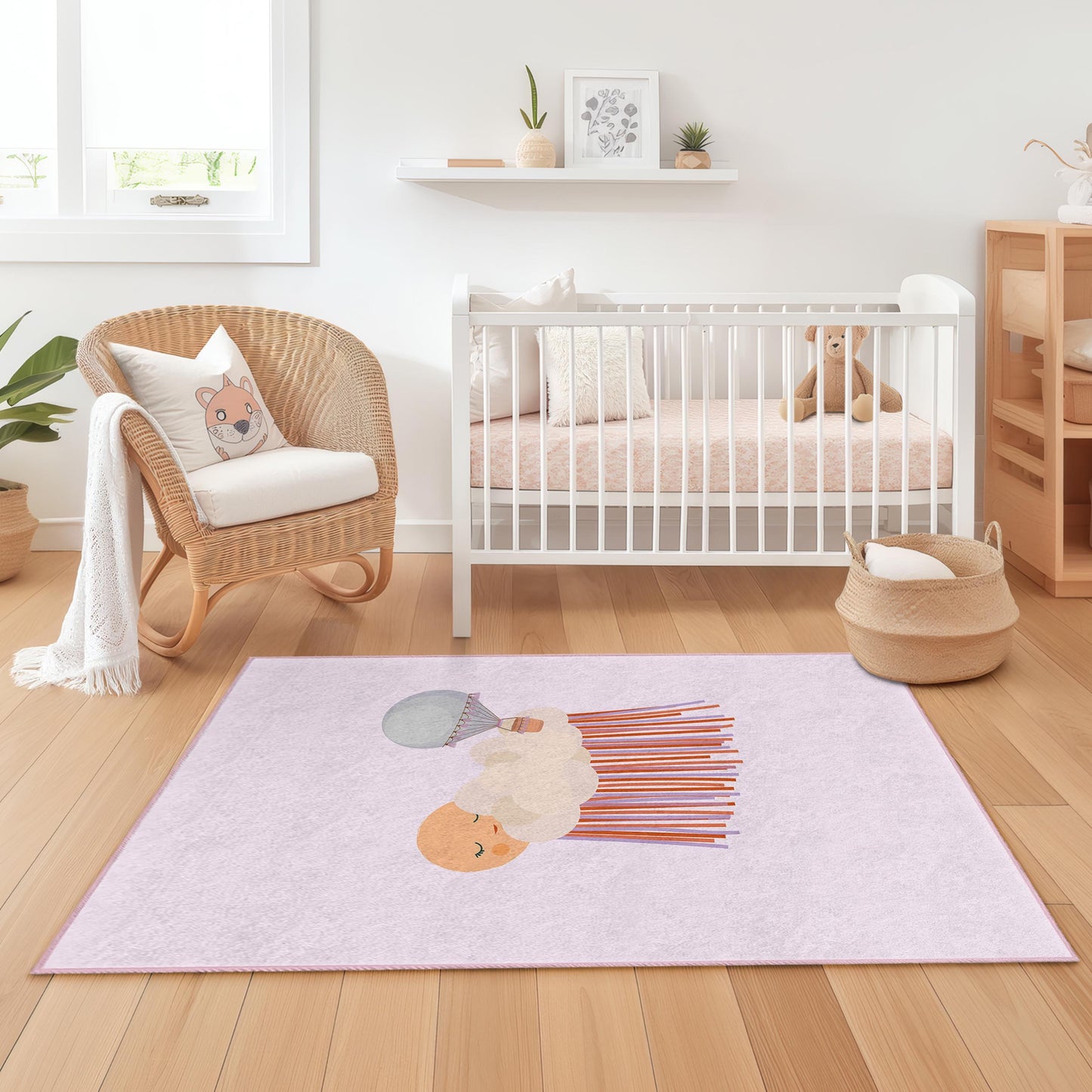 Dreamy Cloud and Balloon Kids Rug, Rectangle Baby Room Carpet, Soft Nursery Decor, Playroom Area Rug, Cute Cloud Rug