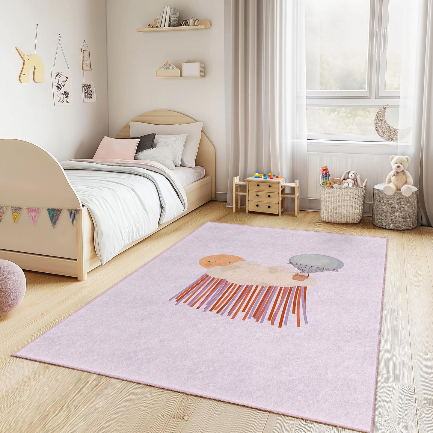 Dreamy Cloud and Balloon Kids Rug, Rectangle Baby Room Carpet, Soft Nursery Decor, Playroom Area Rug, Cute Cloud Rug