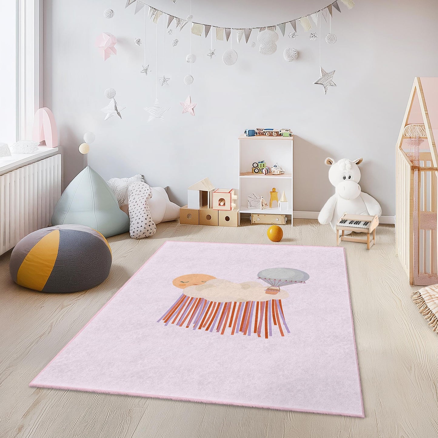 Dreamy Cloud and Balloon Kids Rug, Rectangle Baby Room Carpet, Soft Nursery Decor, Playroom Area Rug, Cute Cloud Rug
