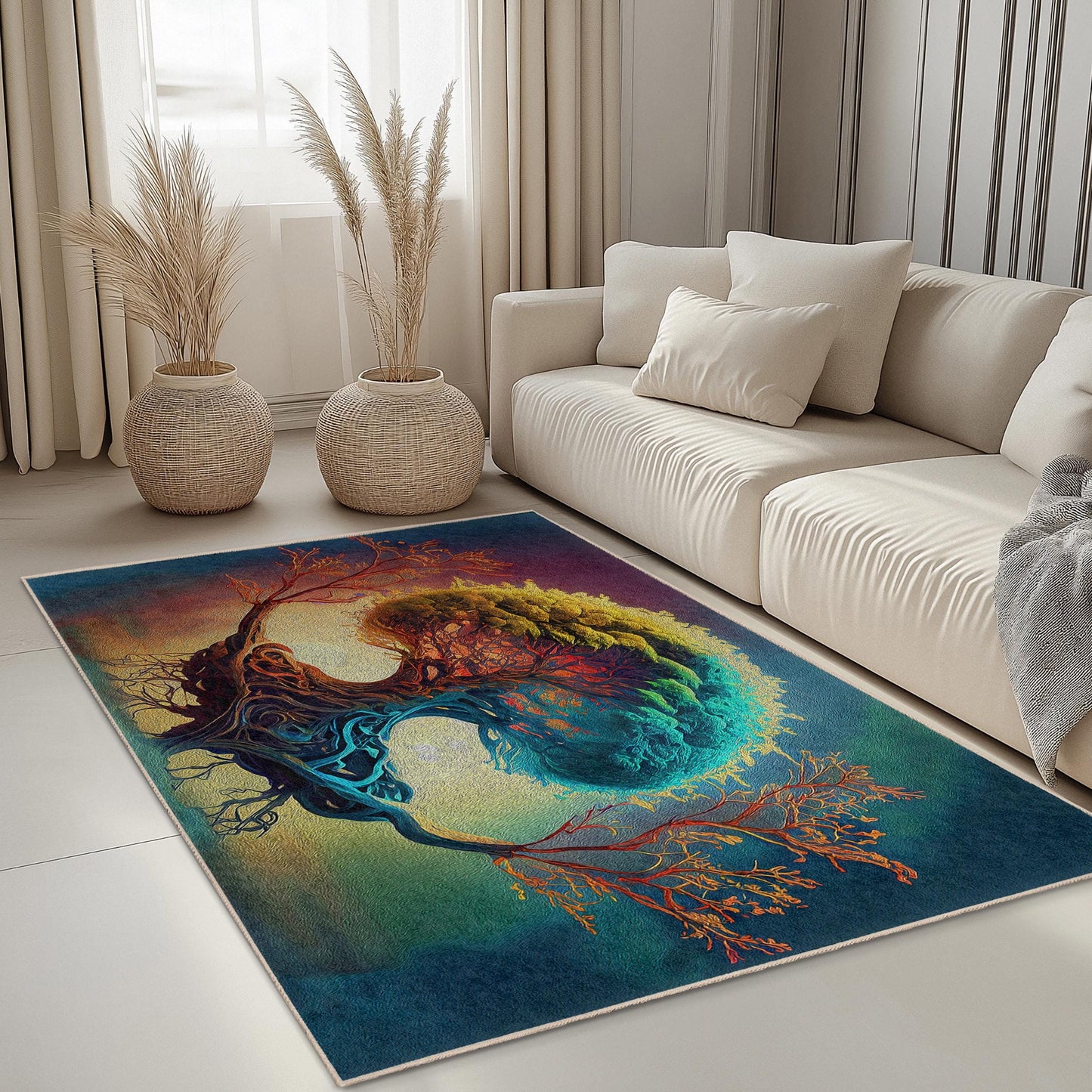 Colorful Tree of Life Rectangular Rug, Abstract Nature Rug, Living Room Decor, Artistic Area Rug, Bohemian Home Accent