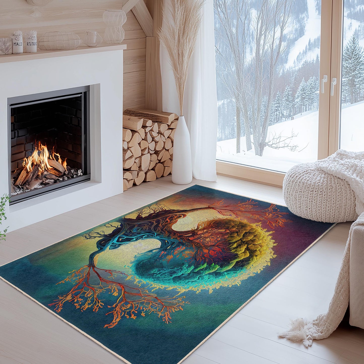 Colorful Tree of Life Rectangular Rug, Abstract Nature Rug, Living Room Decor, Artistic Area Rug, Bohemian Home Accent