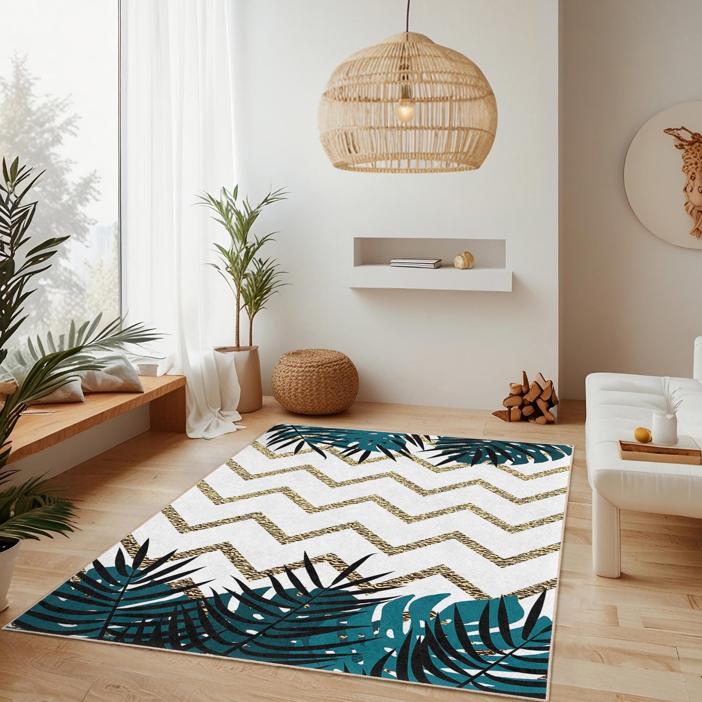 Tropical Leaf Chevron Pattern Rectangle Rug, Modern Living Room Carpet, Boho Chic Area Rug, Indoor Floor Mat, Home Decor Accent
