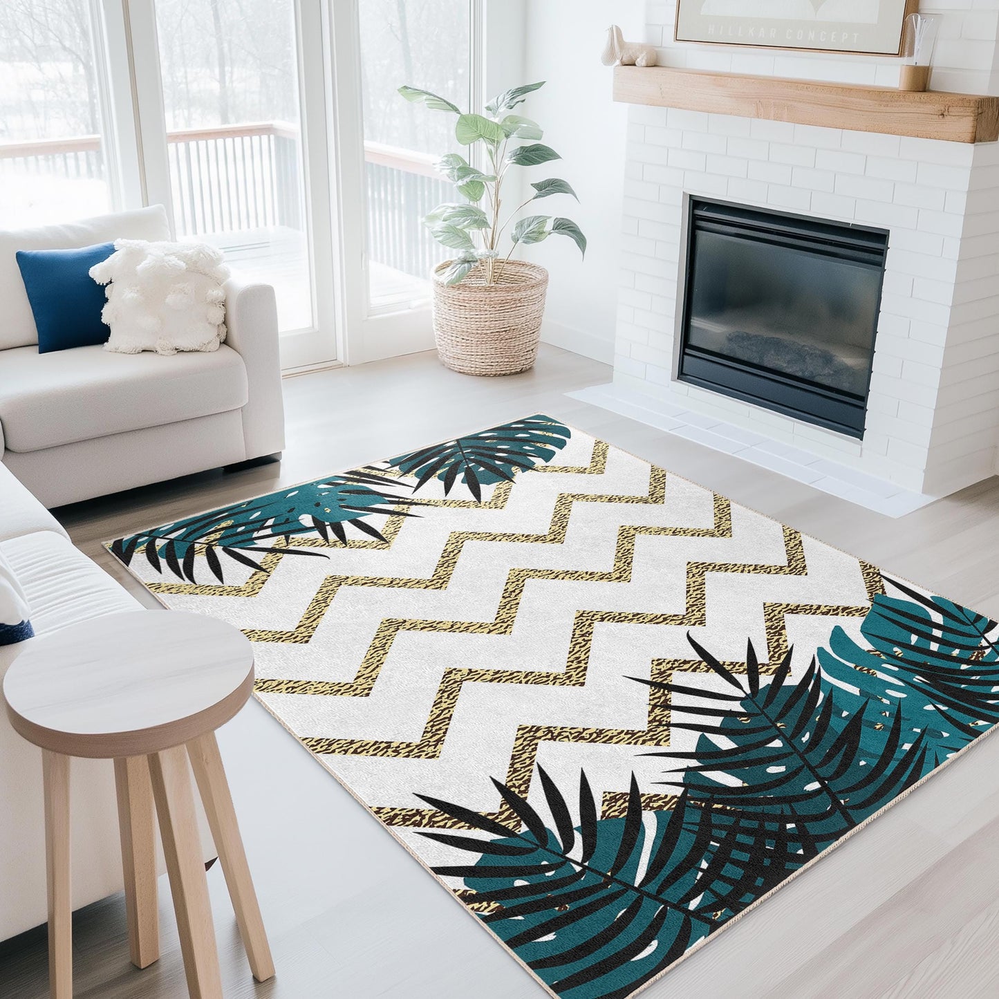 Tropical Leaf Chevron Pattern Rectangle Rug, Modern Living Room Carpet, Boho Chic Area Rug, Indoor Floor Mat, Home Decor Accent