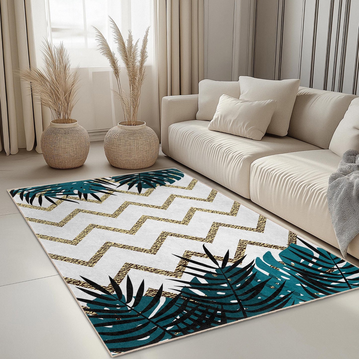 Tropical Leaf Chevron Pattern Rectangle Rug, Modern Living Room Carpet, Boho Chic Area Rug, Indoor Floor Mat, Home Decor Accent