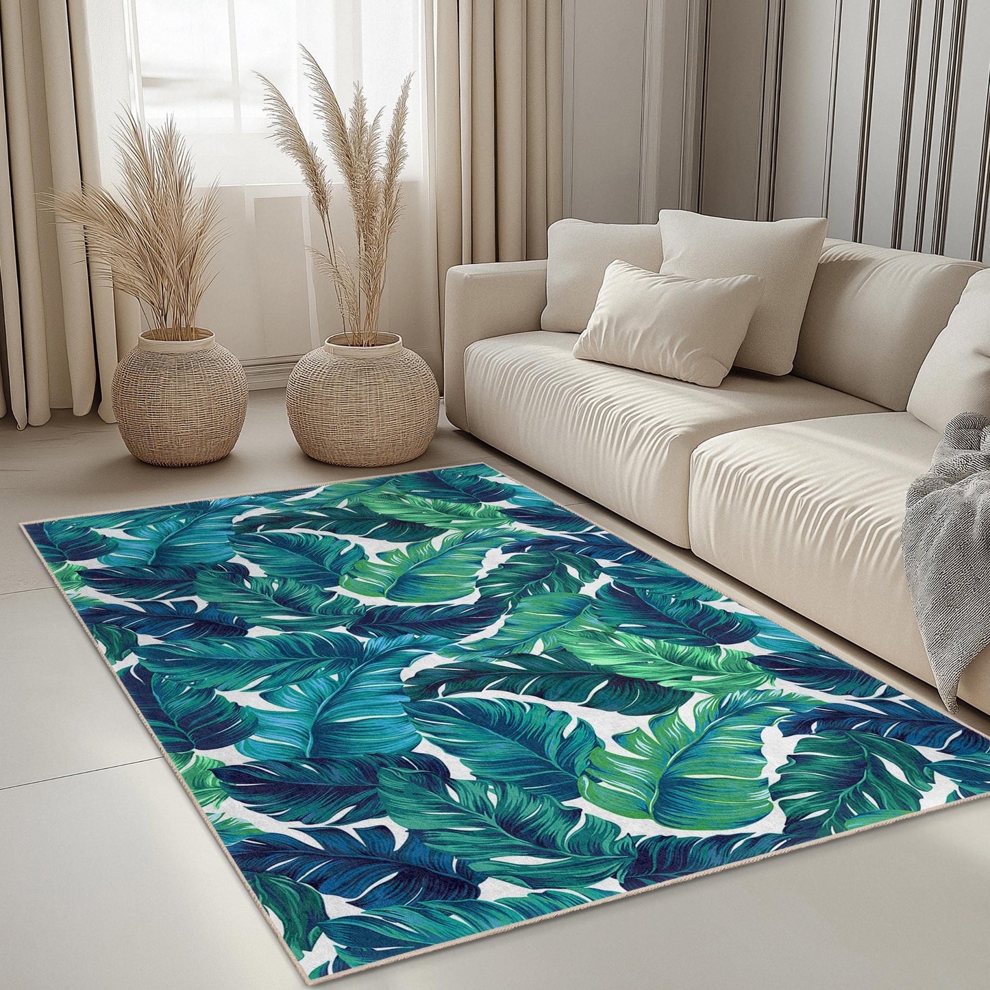 Tropical Leaf Pattern Rectangle Area Rug, Green Leaf Design Carpet, Living Room Rug, Bohemian Decor, Nature Inspired Flooring