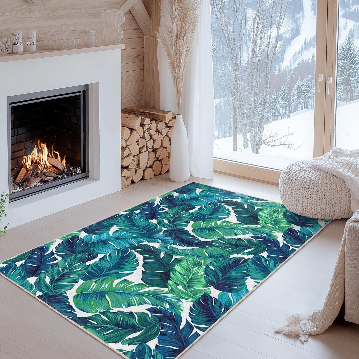 Tropical Leaf Pattern Rectangle Area Rug, Green Leaf Design Carpet, Living Room Rug, Bohemian Decor, Nature Inspired Flooring