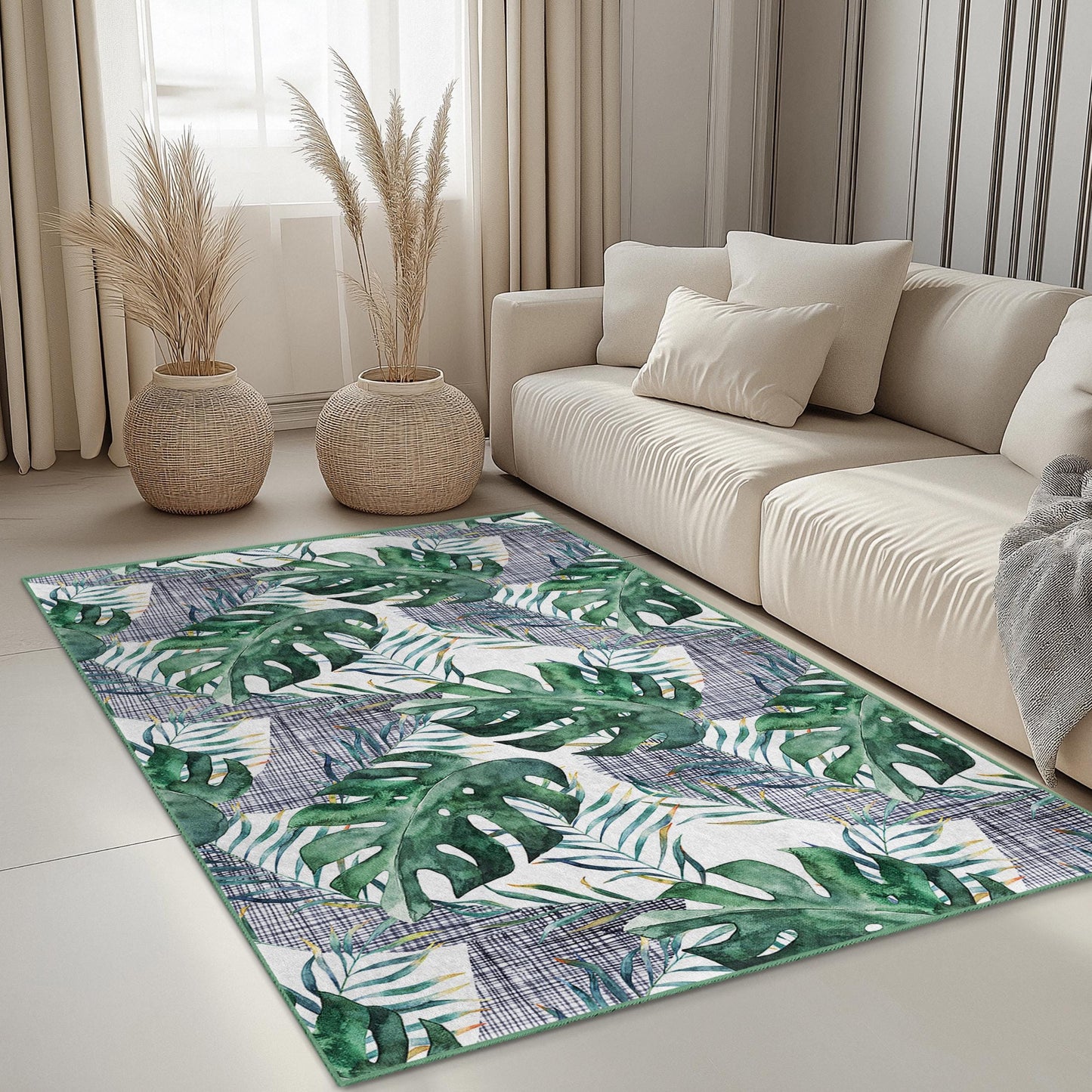 Tropical Leaf Rectangular Area Rug, Green Monstera Plant Rug, Living Room Carpet, Modern Home Decor, Nature Inspired Rug