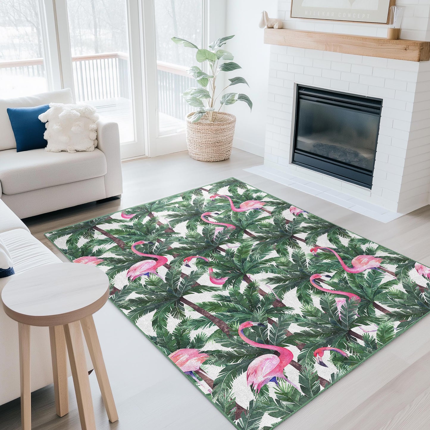Tropical Flamingo Rectangular Area Rug, Palm Leaf Pattern Rug, Indoor Carpet, Living Room Decor, Bohemian Home Accessory