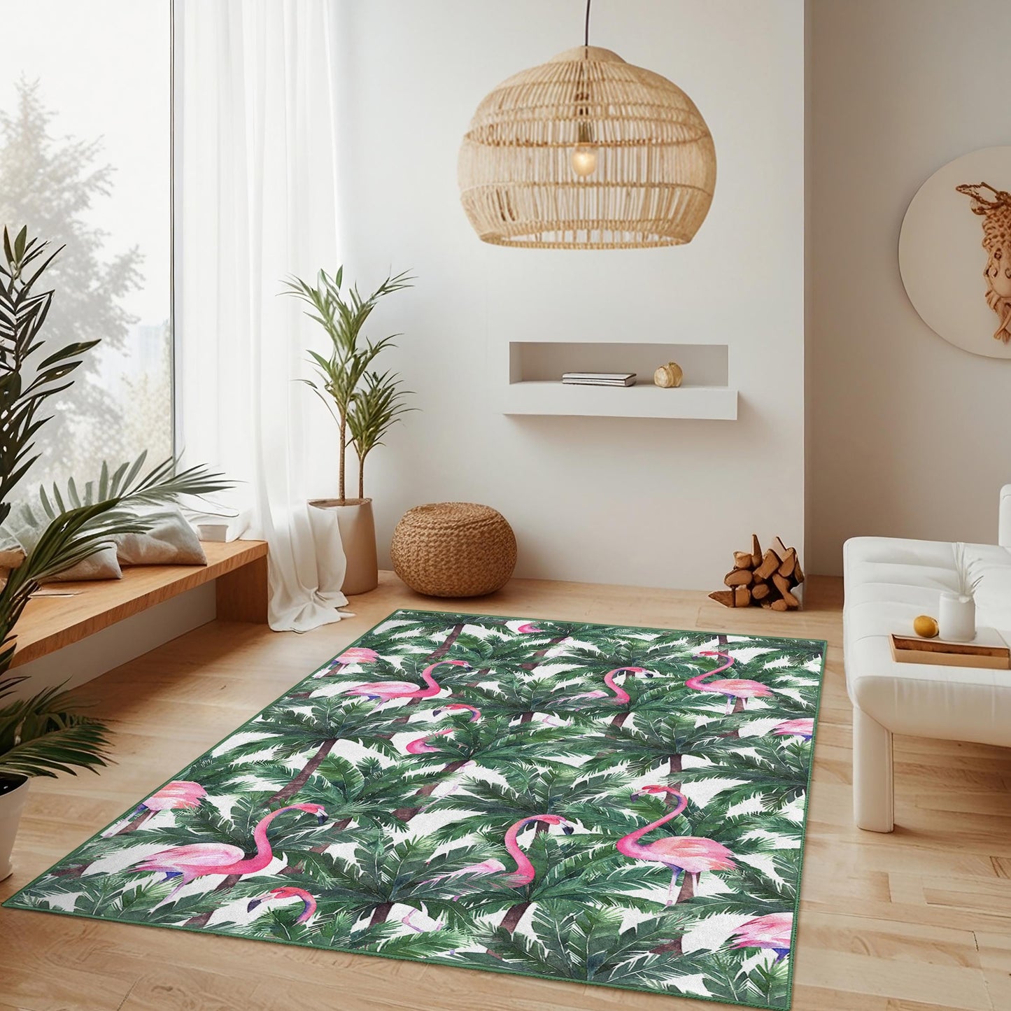 Tropical Flamingo Rectangular Area Rug, Palm Leaf Pattern Rug, Indoor Carpet, Living Room Decor, Bohemian Home Accessory