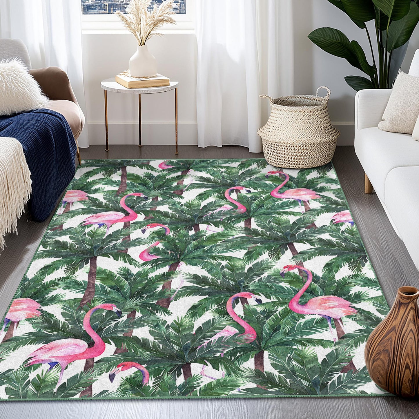 Tropical Flamingo Rectangular Area Rug, Palm Leaf Pattern Rug, Indoor Carpet, Living Room Decor, Bohemian Home Accessory