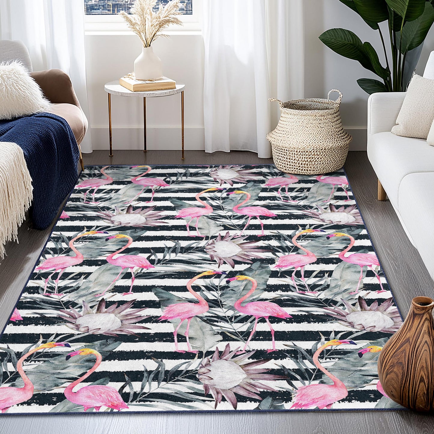 Tropical Flamingo Rectangular Area Rug, Floral Striped Carpet, Modern Living Room Rug, Beach House Decor, Kids Room Carpet