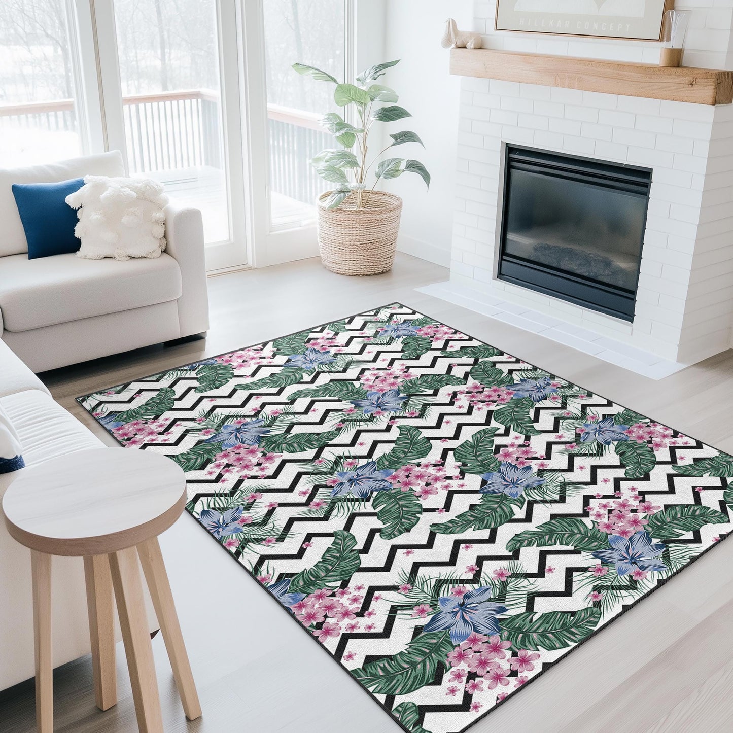 Cheerful Floral Patterned Rectangular Area Rug, Black and White Chevron Design, Living Room Carpet, Home Decor, Boho Style Rug