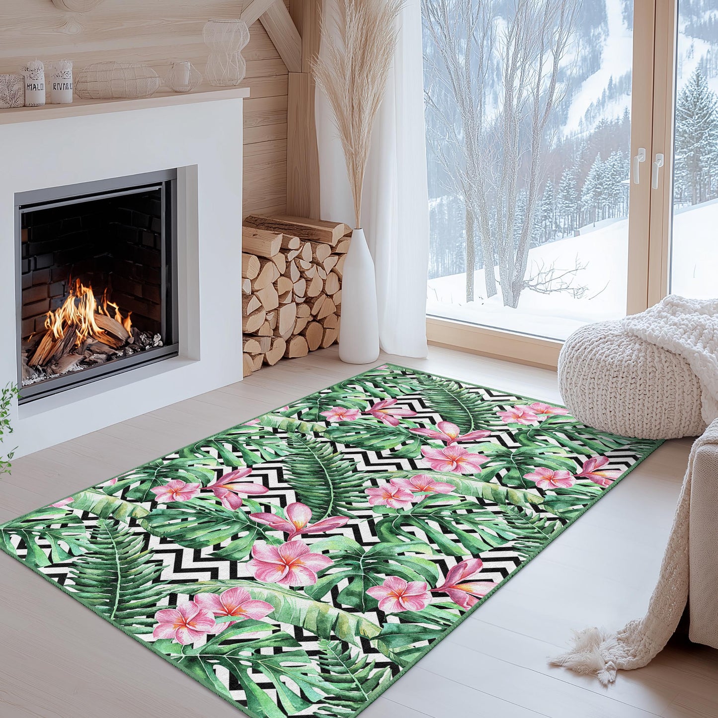 Tropical Floral Rectangular Area Rug, Botanical Leaf Design Rug, Living Room Carpet, Indoor Decor, Nature Inspired Home Rug