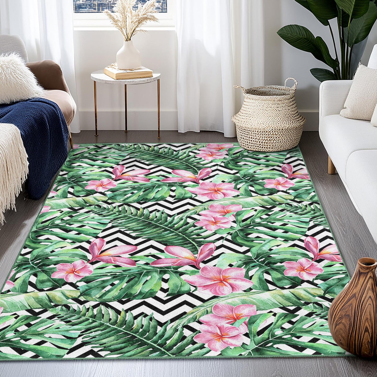 Tropical Floral Rectangular Area Rug, Botanical Leaf Design Rug, Living Room Carpet, Indoor Decor, Nature Inspired Home Rug