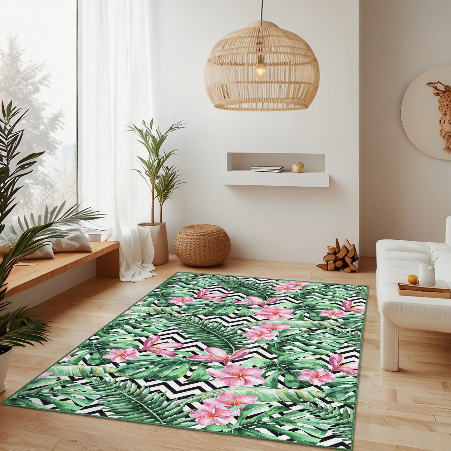 Tropical Floral Rectangular Area Rug, Botanical Leaf Design Rug, Living Room Carpet, Indoor Decor, Nature Inspired Home Rug