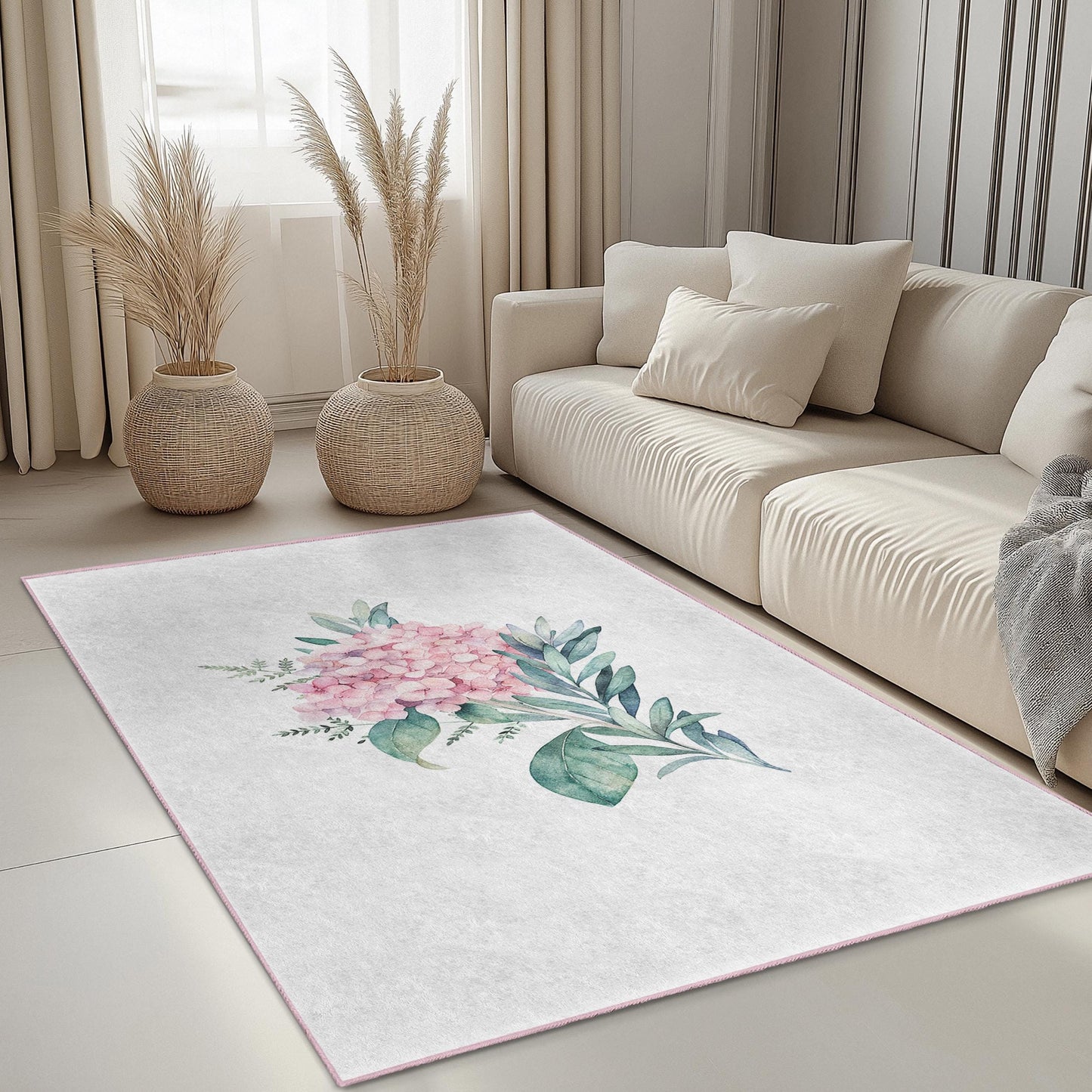 Soft Floral Rectangular Area Rug, Pink Flower Carpet for Living Room, Home Decor, Cozy Bedroom Rug, Elegant Floral Design