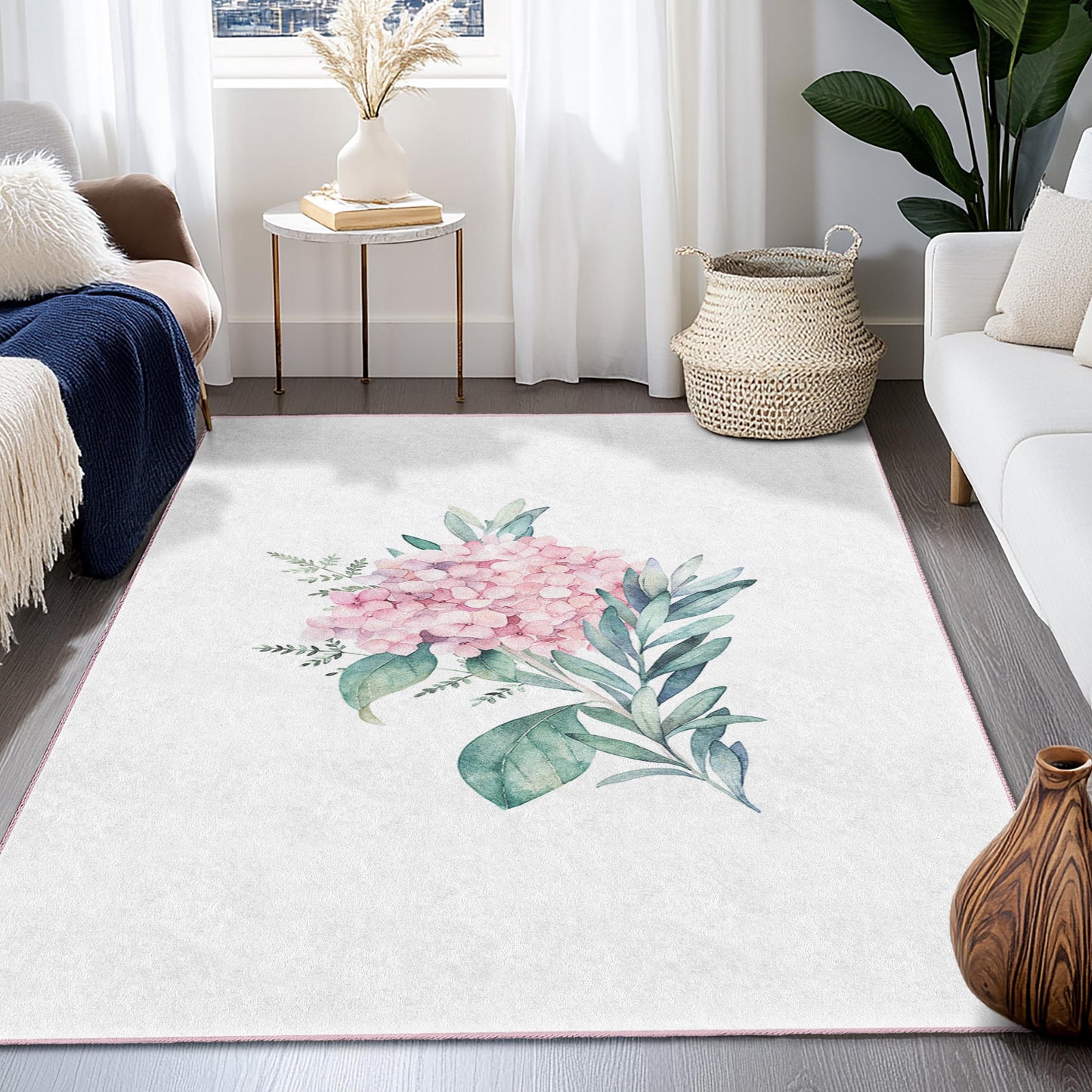 Soft Floral Rectangular Area Rug, Pink Flower Carpet for Living Room, Home Decor, Cozy Bedroom Rug, Elegant Floral Design