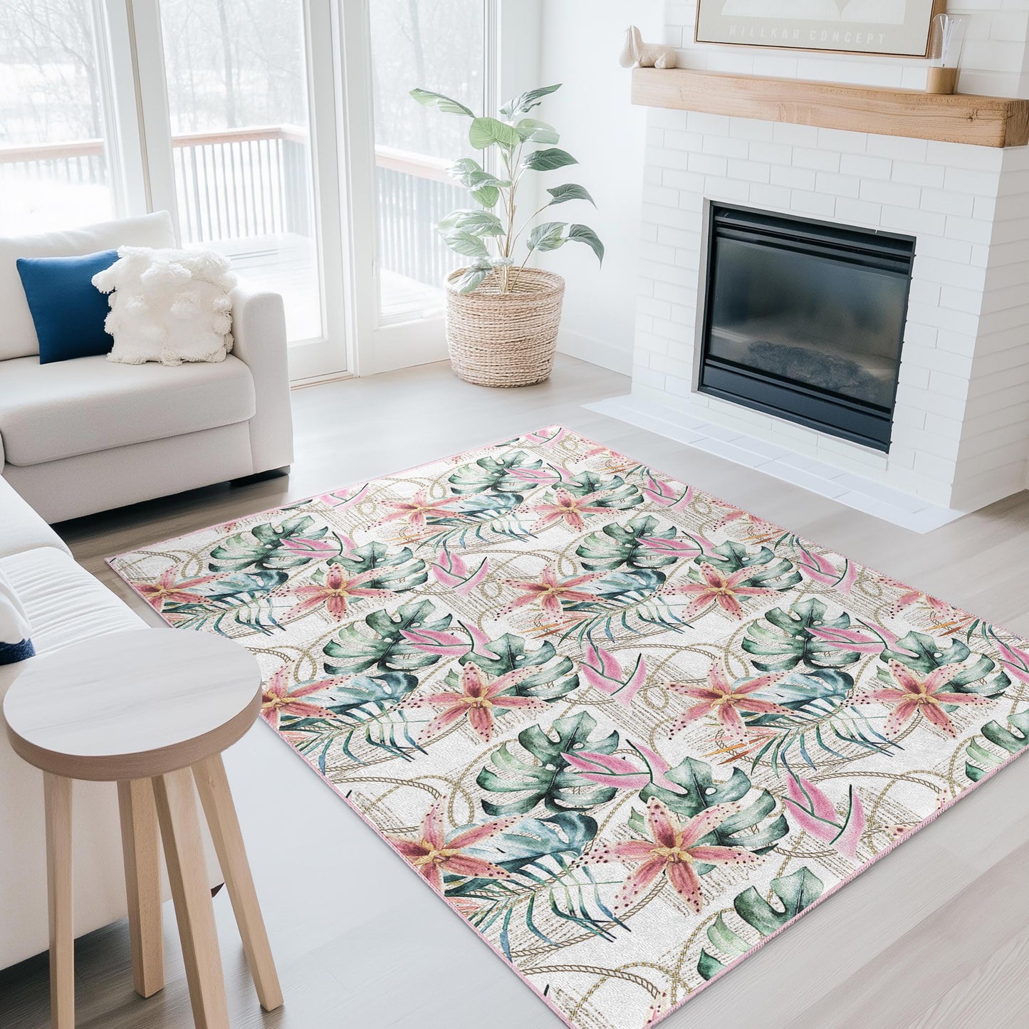 Tropical Floral Area Rug, Rectangle Rug for Living Room, Botanical Design Carpet, Soft Indoor Rug, Home Decor, Bohemian Decor