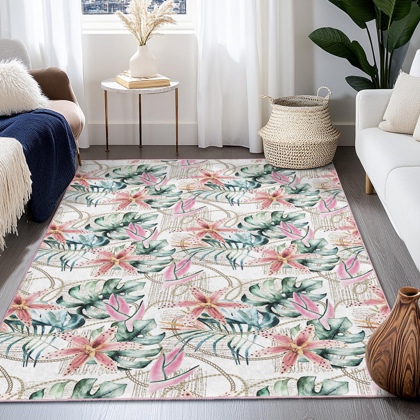 Tropical Floral Area Rug, Rectangle Rug for Living Room, Botanical Design Carpet, Soft Indoor Rug, Home Decor, Bohemian Decor