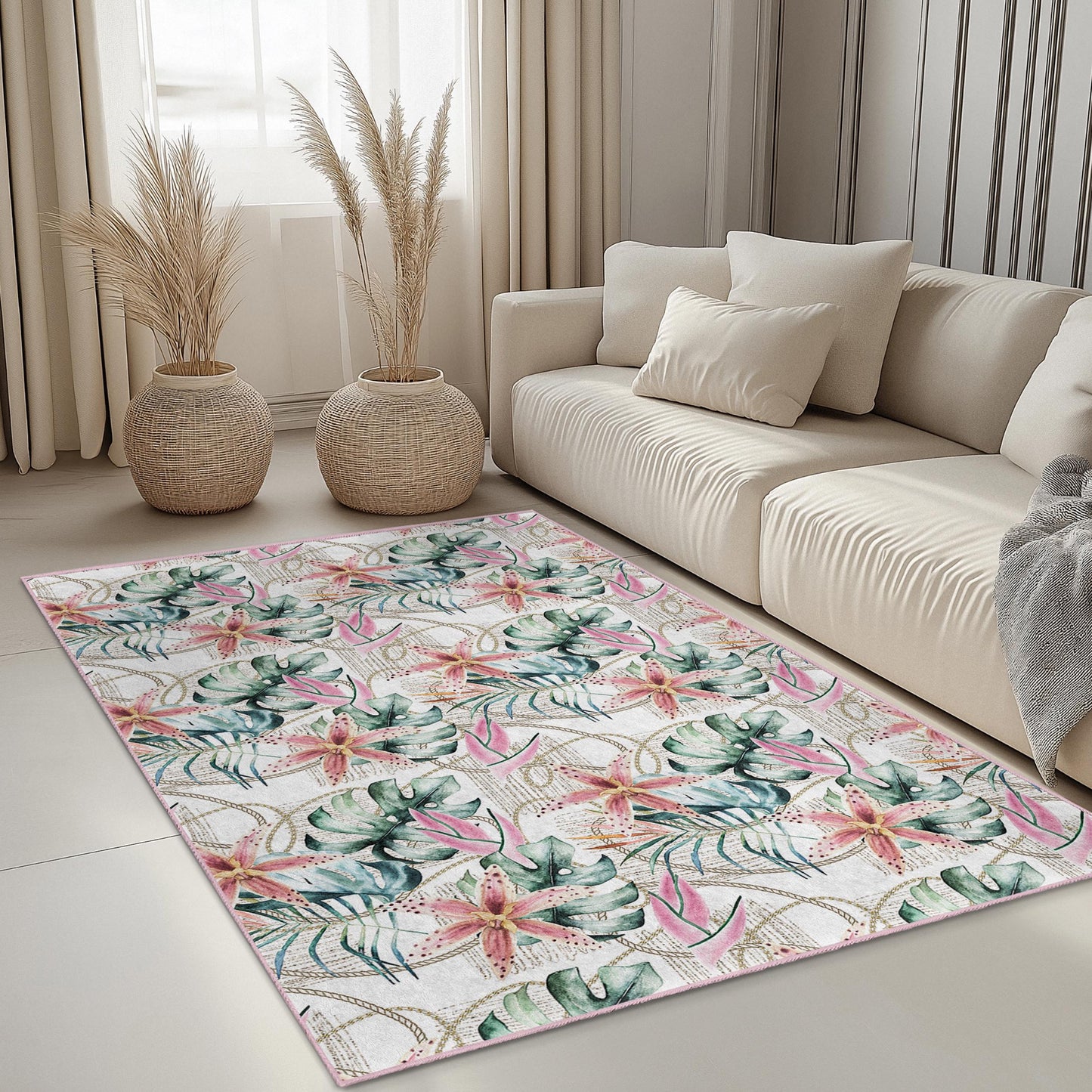 Tropical Floral Area Rug, Rectangle Rug for Living Room, Botanical Design Carpet, Soft Indoor Rug, Home Decor, Bohemian Decor