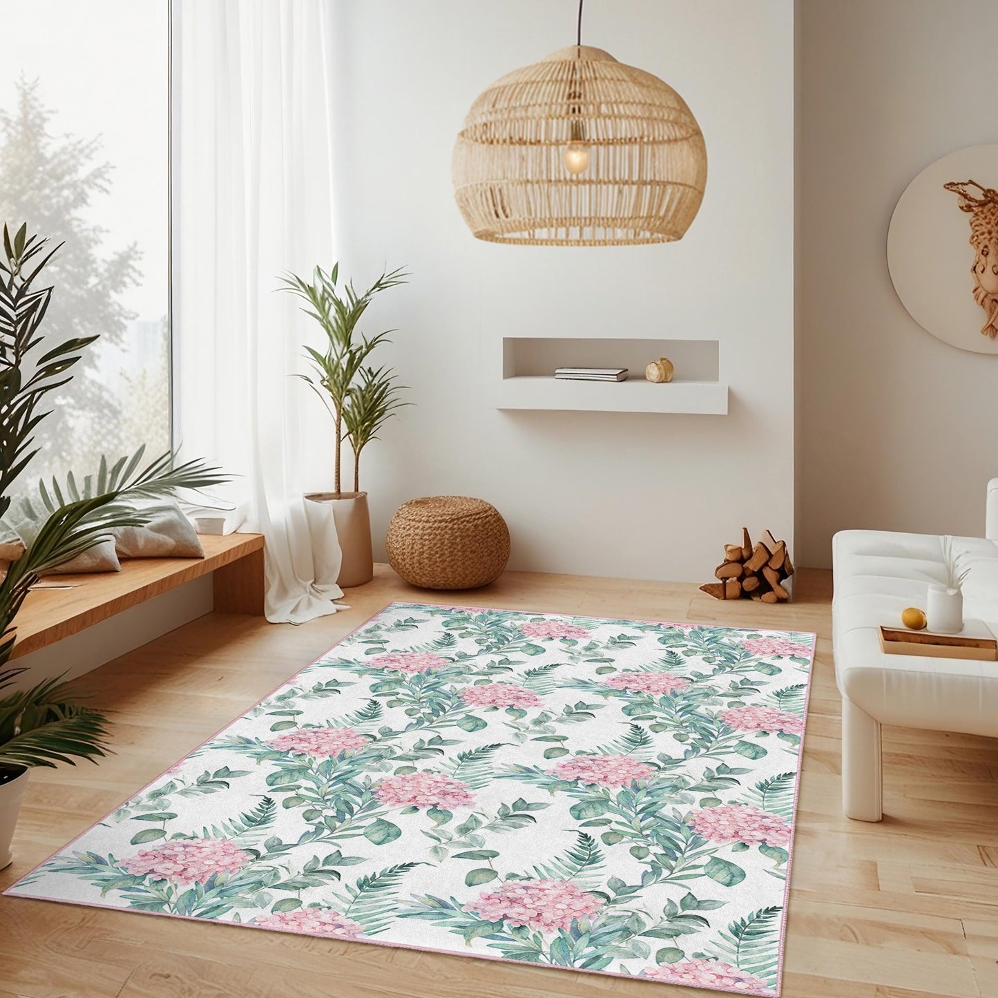 Floral Pattern Rectangular Area Rug, Pink Hydrangea Living Room Carpet, Botanical Decor for Home, Soft and Cozy Floor Mat