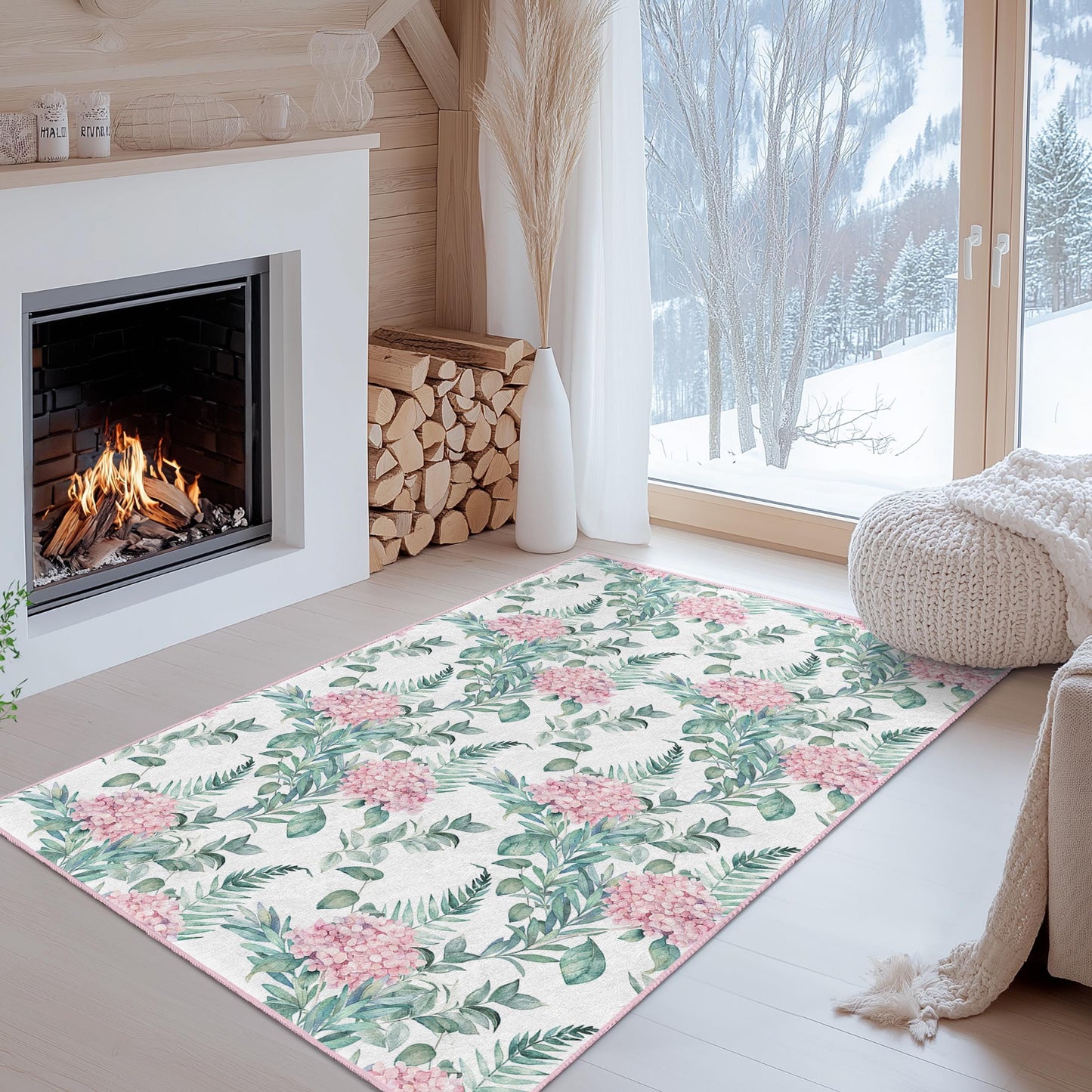 Floral Pattern Rectangular Area Rug, Pink Hydrangea Living Room Carpet, Botanical Decor for Home, Soft and Cozy Floor Mat