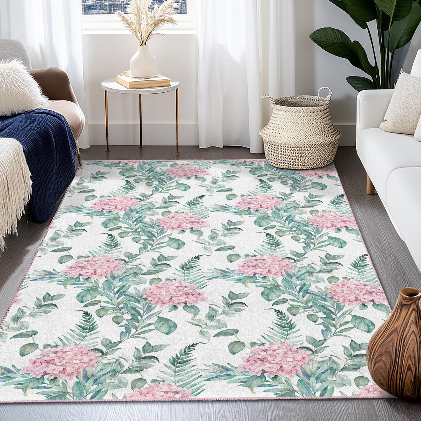 Floral Pattern Rectangular Area Rug, Pink Hydrangea Living Room Carpet, Botanical Decor for Home, Soft and Cozy Floor Mat