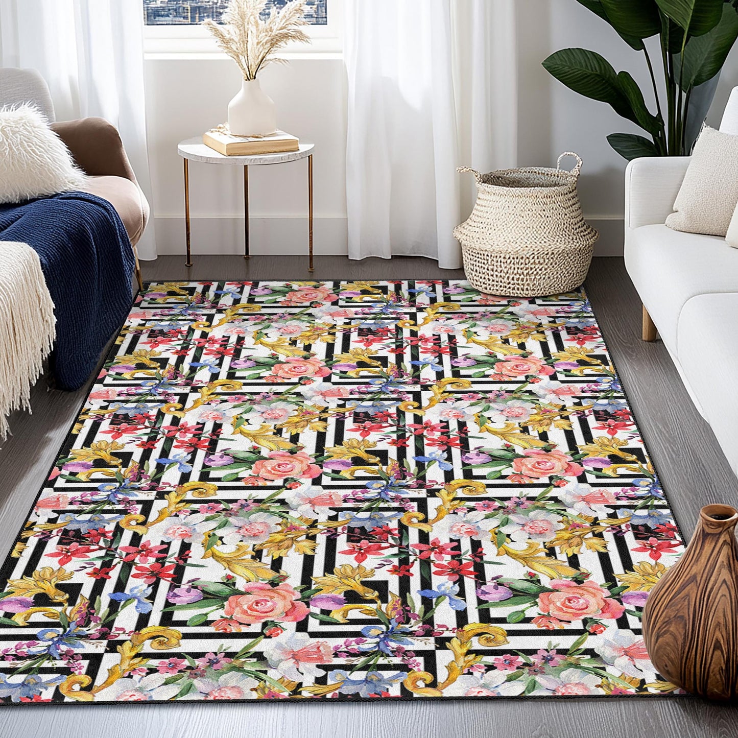 Floral Stripe Pattern Rectangle Area Rug, Elegant Modern Carpet for Living Room, Chic Home Decor, Indoor Floor Mat