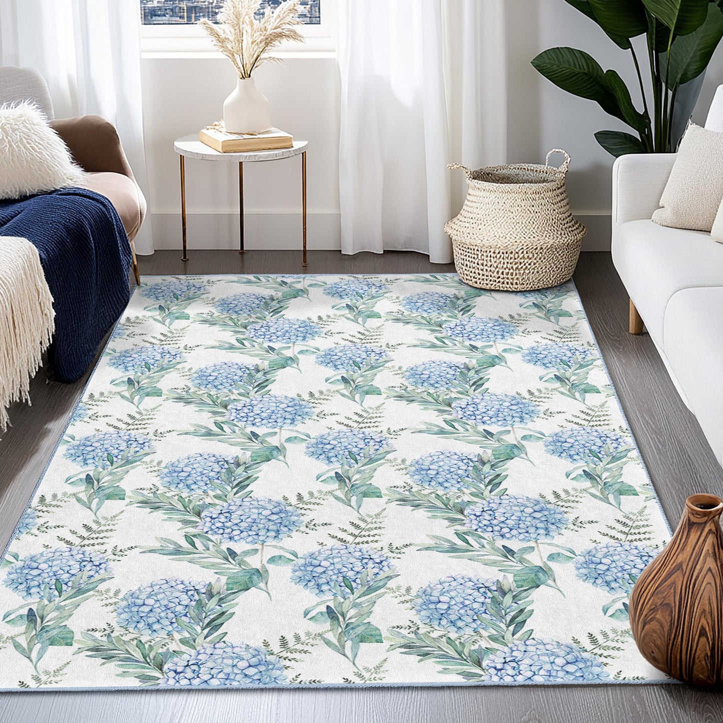 Floral Pattern Rectangle Area Rug, Blue Hydrangea Design Rug, Living Room Carpet, Soft Floral Mat, Home Decor, Indoor Rug
