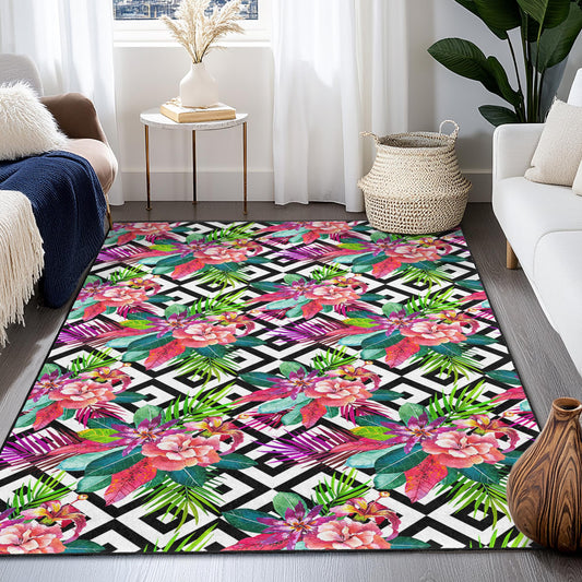 Floral Geometric Pattern Area Rug, Rectangular Living Room Carpet, Colorful Floral Rug, Modern Home Decor, Stylish Area Mat