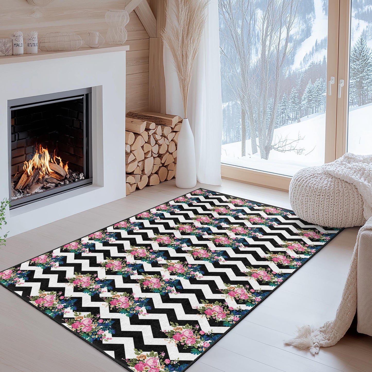 Chevron Floral Pattern Rectangular Rug, Modern Black and White Area Rug, Stylish Living Room Carpet, Chic Home Decor Mat