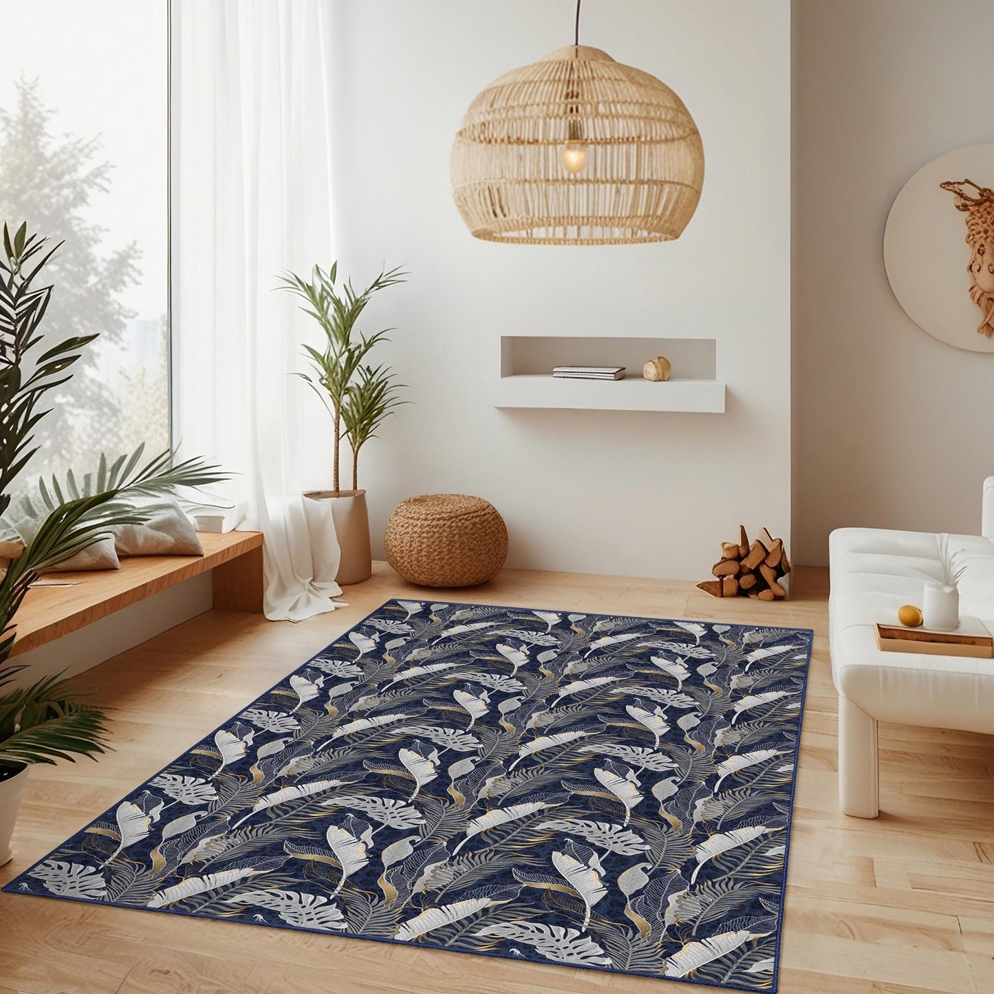 Elegant Leaf Pattern Rectangular Area Rug, Floral Design Living Room Carpet, Soft Home Decor Rug, Modern Aesthetic Rug